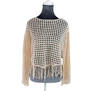 SO Goods for Life XS Cream Crochet Fringe Trim LS Sweater Boho Hippie Festival